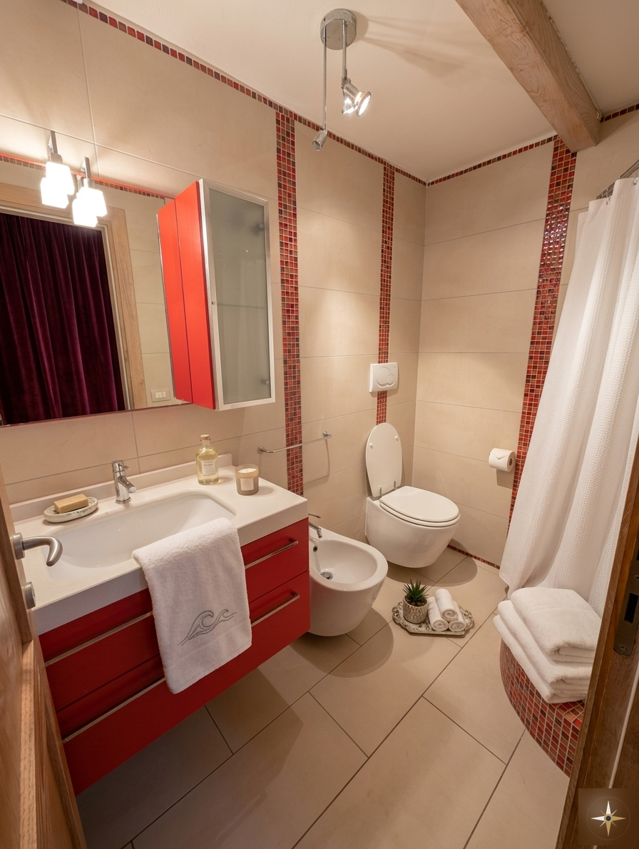 Bagno con dettagli rossi